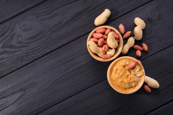 Peanut Butter Bowl Wooden Background Organic American Food Traditional Breakfast — Stock Photo, Image