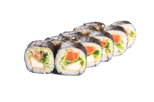 Uppsättning Sushi Rullar Isolerad Vit Bakgrund — Stockfoto