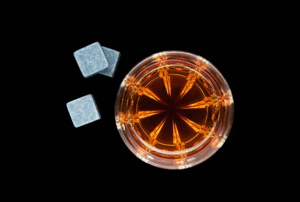 One Whiskey Glass Stone Black Background Top View — Stock Photo, Image