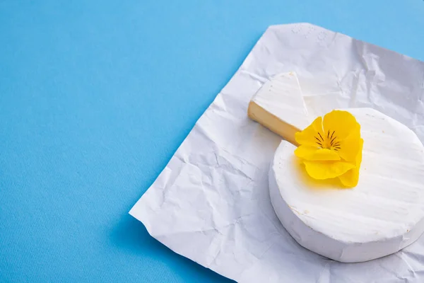 Queijo Brie Cru Sobre Fundo Azul — Fotografia de Stock