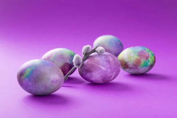 Uova Pasqua Con Rami Salice Uno Sfondo Colore Viola Tendenza — Foto Stock