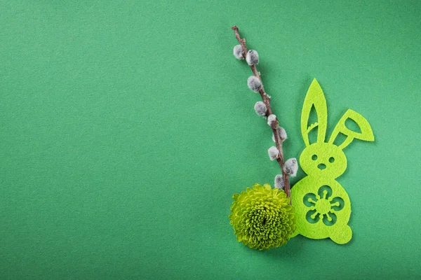 Easter Minimal Concept Bunny Toy Willow Branch Top View Copyspace — Stock Photo, Image