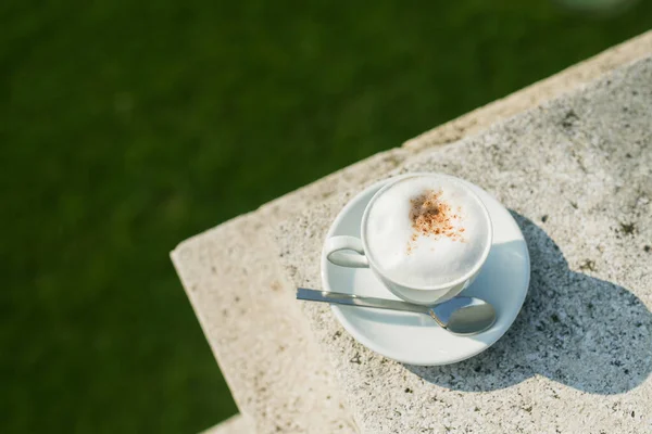 Біла Чашка Кави Піною Вулиці Зеленому Парку Сонячний День — стокове фото