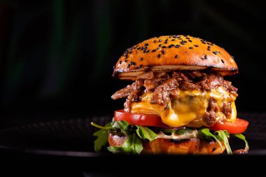 Sulu burger, dana eti ve erimiş çedar peyniri. Çöp ve fast food..