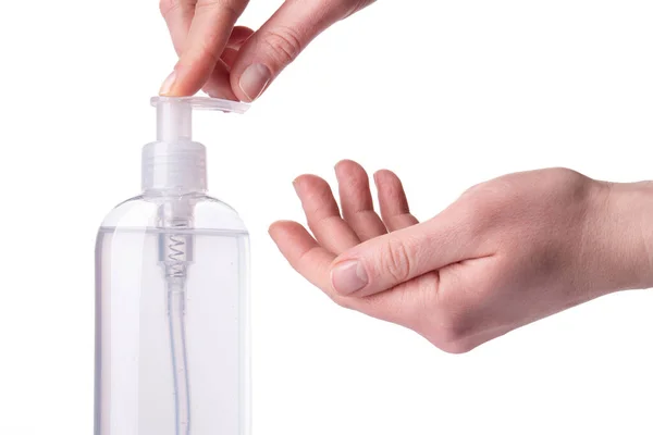 Woman Uses Sanitizer Disinfection Hand Isolated White Background Prevention Covid — Stock Photo, Image