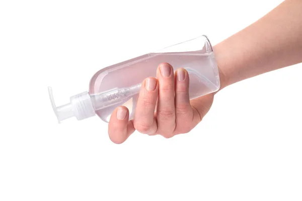 女性は白い背景に隔離された消毒用の手に消毒剤を使用しています Covid 19ウイルス病の予防 — ストック写真