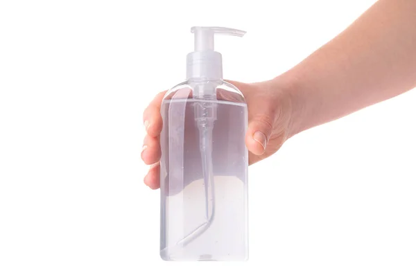 Donna Utilizza Igienizzante Disinfezione Mano Isolata Uno Sfondo Bianco Prevenzione — Foto Stock