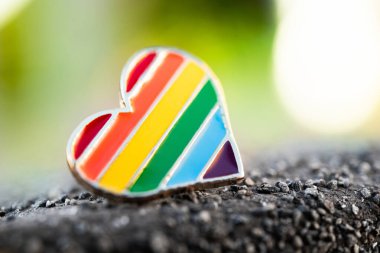 Gökkuşağı lgbt bayrak rengi kalp rozeti, konsept geçit töreni geçmişi.