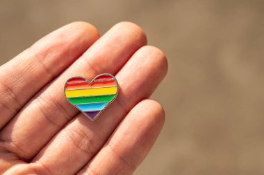 Renkli gökkuşağı şeklinde kalp şeklinde bir simge ellerinde. Sokakta geçit töreni. Makro fotoğraf.