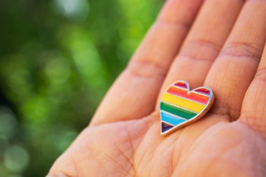 Renkli gökkuşağı şeklinde kalp şeklinde bir simge ellerinde. Sokakta geçit töreni. Makro fotoğraf.