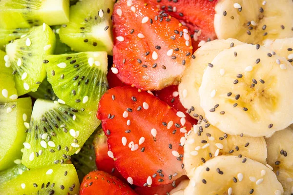 Closeup Fresh Tasty Fruit Salad Chia Sesame Seeds Healthy Diet — Stock Photo, Image