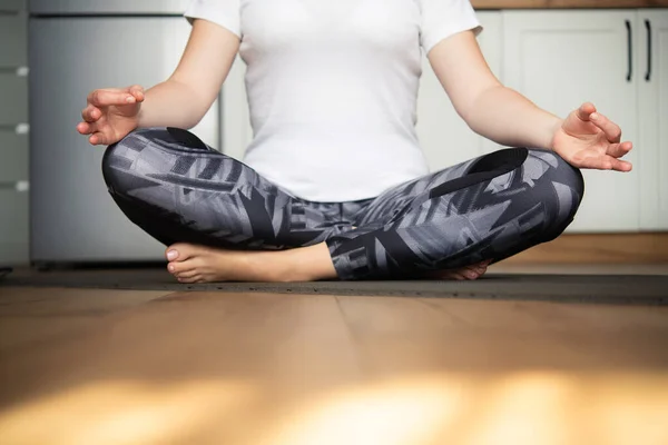 Girl Sitting Floor Yoga Pose Kitchen Home Fitness Quarantine Sports — Stock Photo, Image