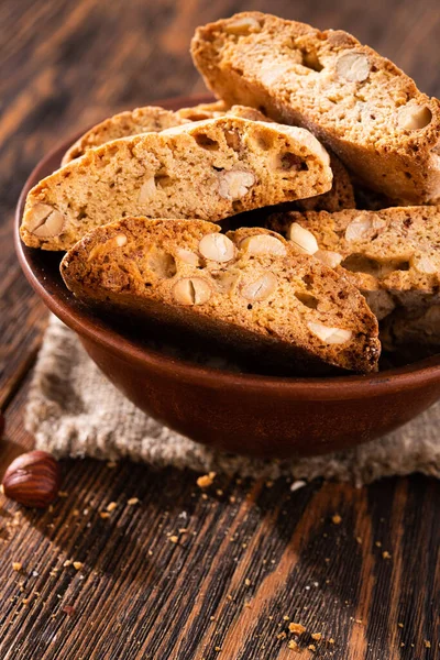 Tasty Sweet Cantuccini Cookies Nuts Almonds Old Wooden Table Italian — Stock Photo, Image