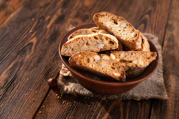 Tasty Sweet Cantuccini Cookies Nuts Almonds Old Wooden Table Italian — Stock Photo, Image