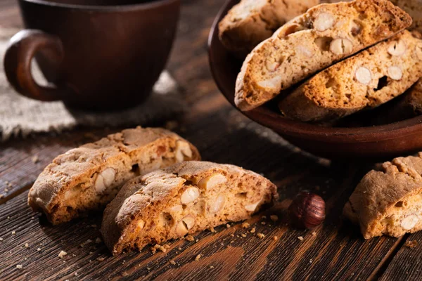 Tasty Sweet Cantuccini Cookies Nuts Almonds Old Wooden Table Coffee — Stock Photo, Image