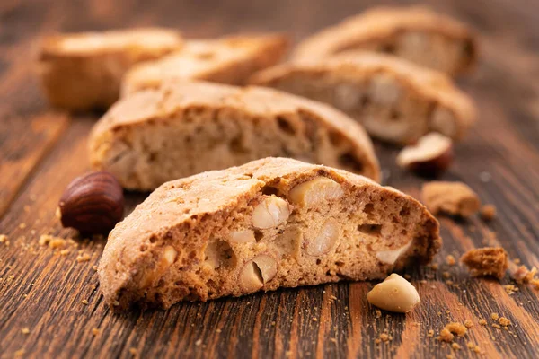 Tasty Sweet Cantuccini Cookies Nuts Almonds Old Wooden Table Italian — Stock Photo, Image