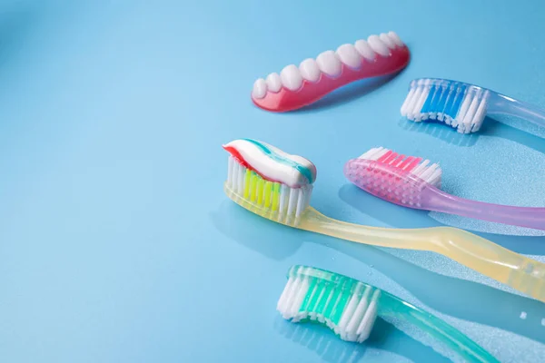 Closeup Blue Toothbrush Toothpaste Blue Bathroom Table — Stock Photo, Image