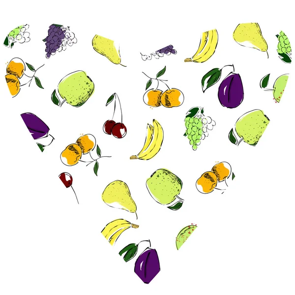 Μήλο, μπανάνα, αχλάδι, σταφύλι, κεράσι, τροφή, υγιής, φράουλα — Διανυσματικό Αρχείο