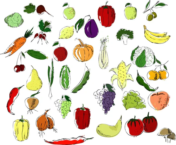 Gran Conjunto Frutas Verduras Multicolor Negro Sobre Fondo Blanco Productos — Vector de stock