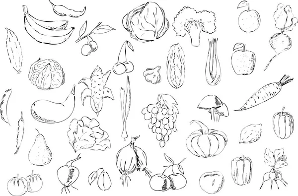 在白色背景上黑色的大量水果和蔬菜 天然产品 — 图库矢量图片