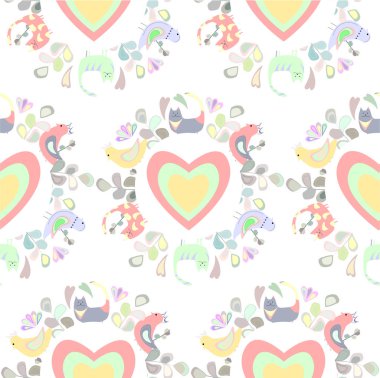 Kediler, kuşlar, yaprakları ve flovers, renkli kalpler desen