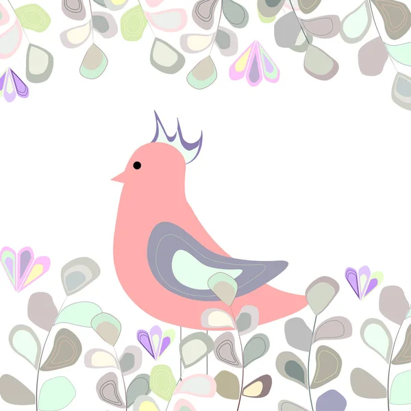 Ροζ πουλί σε φόντο μπλε, πράσινα, κίτρινα φύλλα — Διανυσματικό Αρχείο