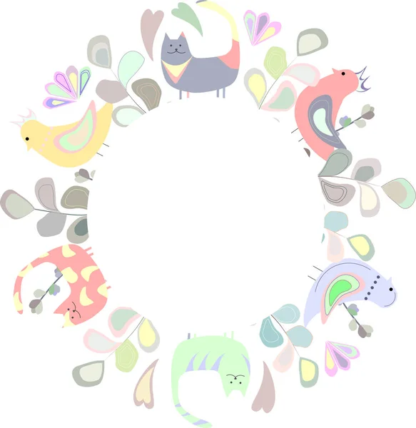 Кругла рамка з різнокольорових квітів і котів, птахів — стоковий вектор