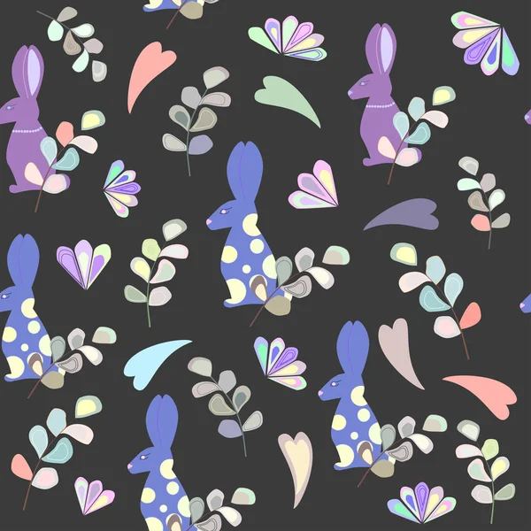 Muster aus Kaninchen, Blättern und Blüten, farbige Herzen — Stockvektor