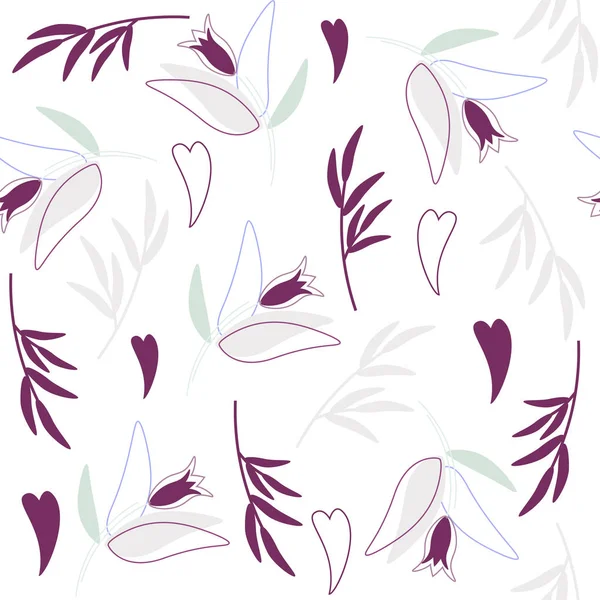 Безшовний квітковий візерунок - ультрафіолетові кольорові квіти та серця — стоковий вектор