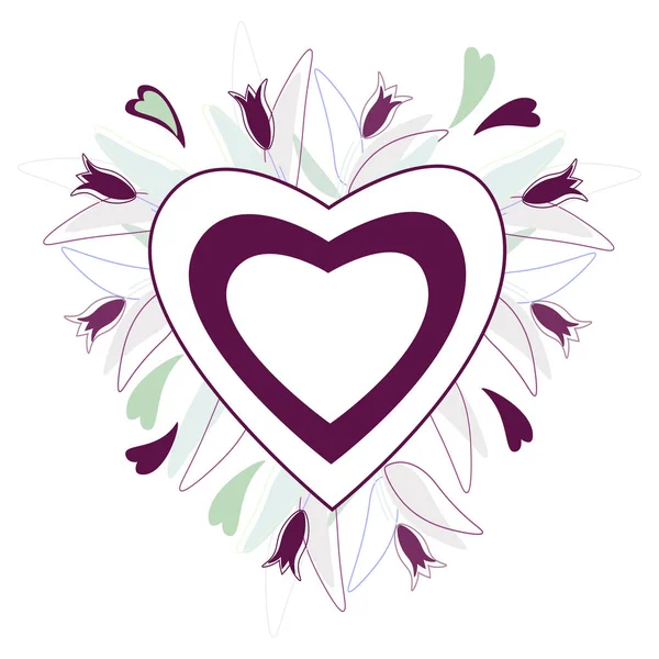 Cadre coeur de fleurs et feuilles violettes — Image vectorielle