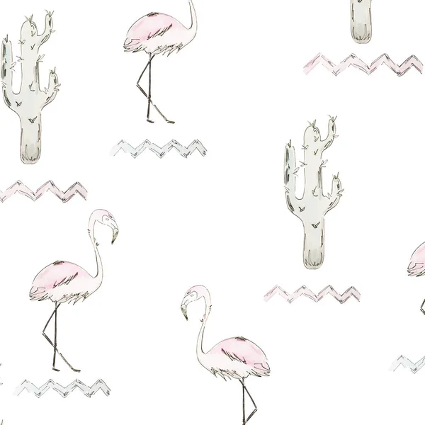Schema senza soluzione di continuità. Cactus acquerello blu e fenicottero rosa con contorno nero su sfondo bianco — Foto Stock
