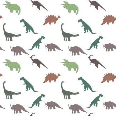 Multicolors dinozorlar ve beyaz arka plan üzerinde parlak yaprak ile Seamless Modeli