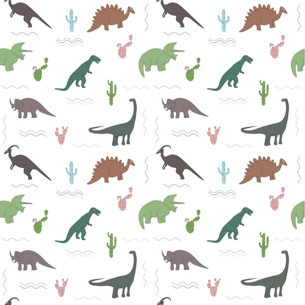 Patrón sin costuras con dinosaurios multicolores y hojas brillantes sobre el fondo blanco — Archivo Imágenes Vectoriales