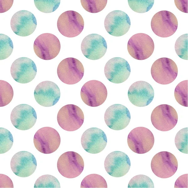 Watercolor pattern circles in pastel colors. Watercolor violet and blue spots on white background.