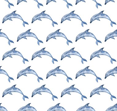 Suluboya yunuslar arka plan. Stilize mavi yunus ile el boyalı suluboya deseni.