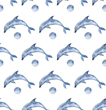 Suluboya yunuslar arka plan. Stilize mavi yunus ile el boyalı suluboya deseni.