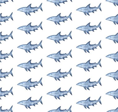 Suluboya köpekbalığı arka planı. Stilize mavi köpekbalığı ile el boyalı suluboya deseni.
