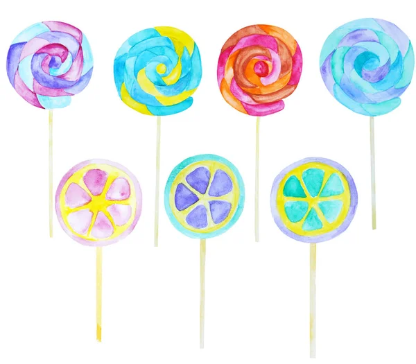 Watercolor candy and lolipop collection on a white background. — Stock Photo, Image