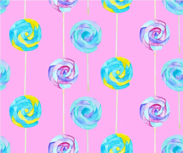 Aquarell Bonbons und Lolipop nahtlose Muster auf rosa Hintergrund. — Stockfoto
