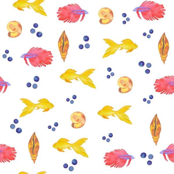 Beyaz bir arka planda deniz kabuğu ve akvaryum balığı suluboya deseni. Deniz yaşamı — Stok fotoğraf