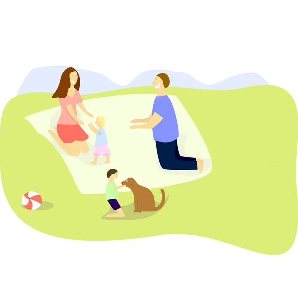 Glückliche Familie auf einem Picknick. Vater, Mutter, Sohn und Tochter ruhen sich in der Natur aus. Vektor-Illustration im flachen Stil — Stockvektor