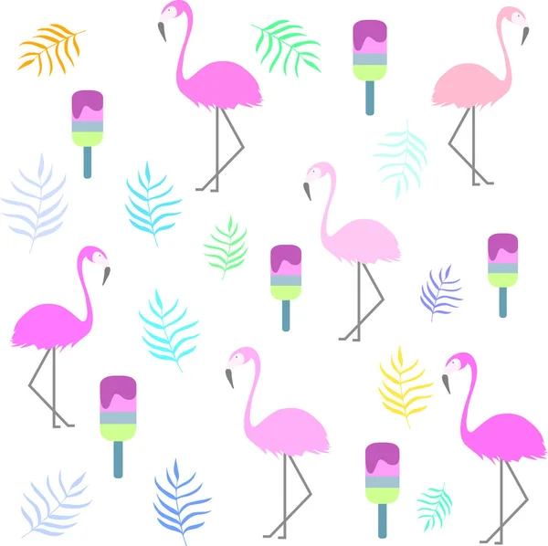 Padrão de flamingo tropical. Flamingo rosa, sorvete e folhas. Impressão de verão — Vetor de Stock