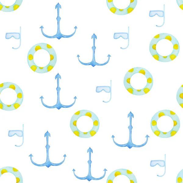 Waterclolr úszni gyűrűk és horgony mintát. Felfújható gumi játék. Felülnézet úszókör óceán, tenger, medence. — Stock Fotó
