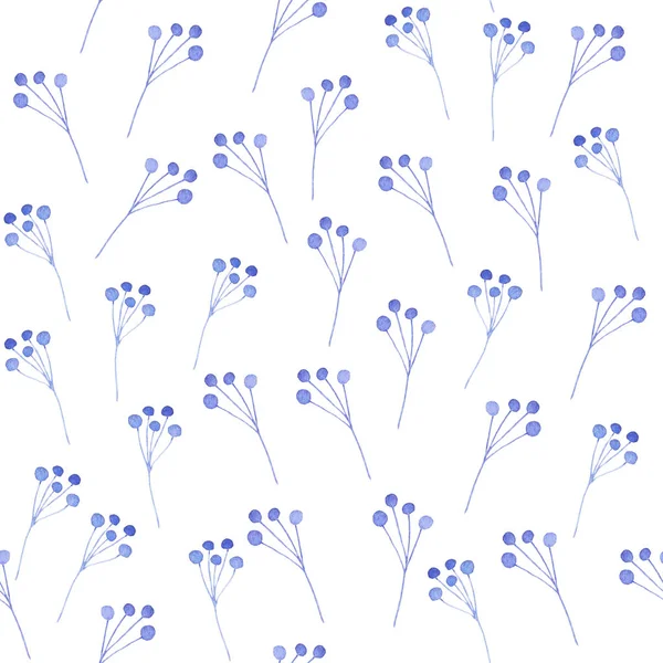Watercolor pattern of blue leaves, branches and flowers