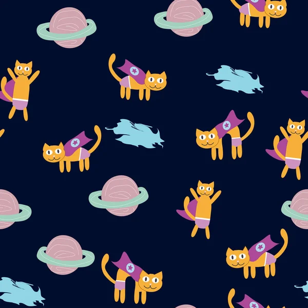Uzay kedi kahramanı. Uzayda uçan bir kedi ile desen, gezegenler, roket, yıldızlar. — Stok Vektör