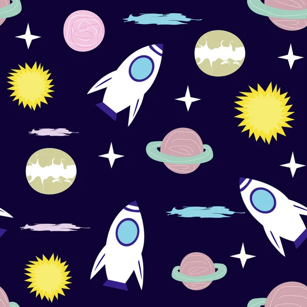 Eroe gatto spaziale. Modello con un gatto volante nello spazio, pianeti, razzo, stelle . — Vettoriale Stock
