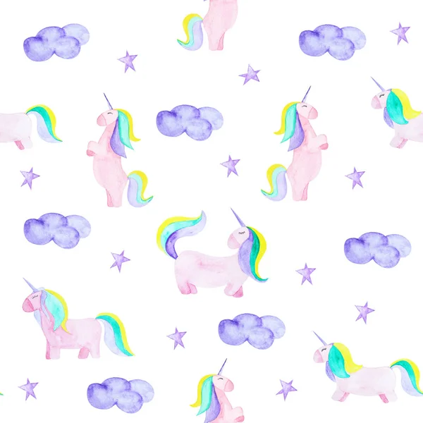 Patrón con unicornio, paño y estrella. Caballo mágico sobre fondo blanco —  Fotos de Stock