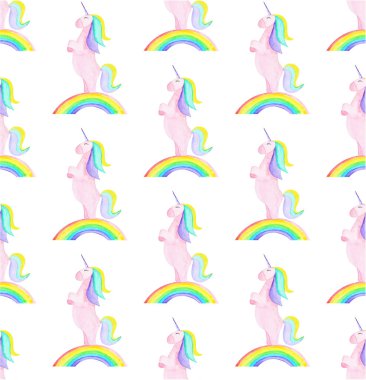 Tek boynuzlu atlı desen, gökkuşağı. Beyaz arka planda sihirli at