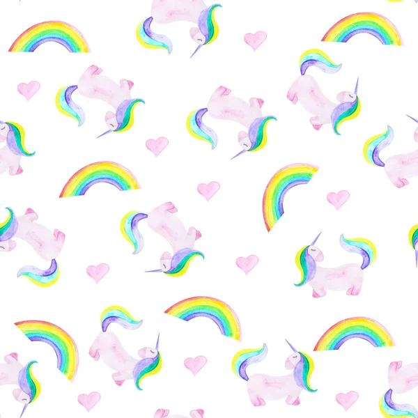 Modello con unicorno, arcobaleno e cuore. Cavallo magico sullo sfondo bianco — Foto Stock