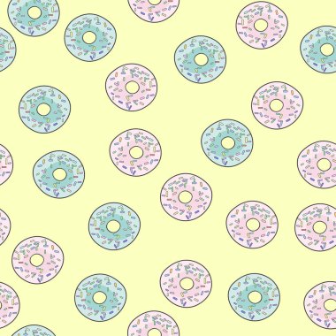 Donut ve kek ile İllüstrasyon. Tatlı tatlı. Açık arka planda düz tarzda desen